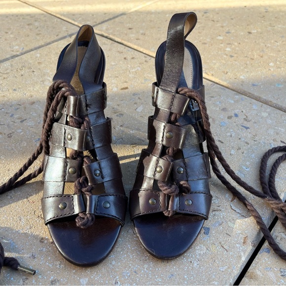 L.A.M.B. Trianna Brown Leather Lace Up Wedge Gladiator Sandals size 8 - Picture 4 of 14